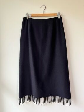 Vintage Pendleton Black Wool Midi Skirt With Fringe - Size L
